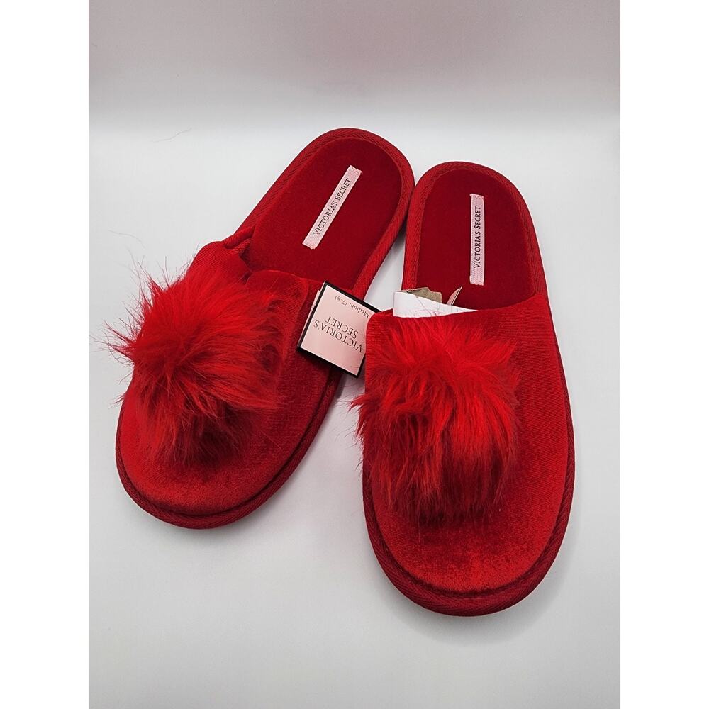 Victoria's Secret Red Velvet Pom-Pom Slippers Size Medium 7-8 NWT House Shoes
